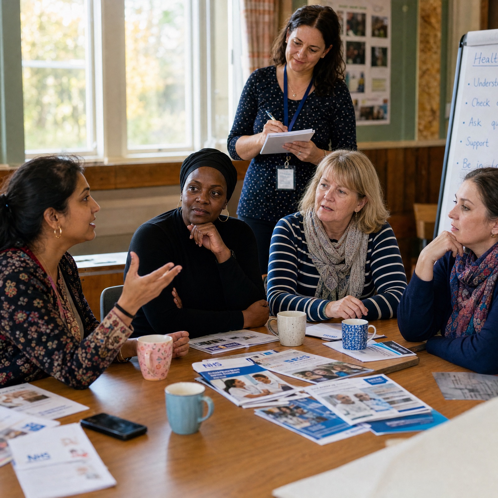 Support worker and carer sharing conversation over coffee in an Alloa home